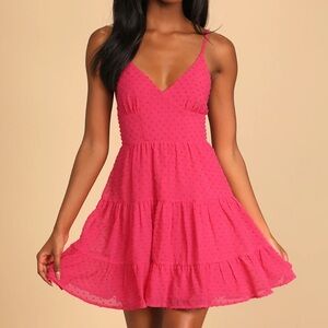 NWT LuLus FLAIR FOR FUN Hot Pink SWISS DOT TIERED DRESS Sweetheart Babydoll XL